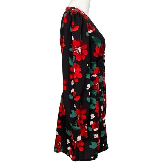 NWT U0 MICHELLE BLACK RED FLORAL LONG SLEEVE V-NECK BUTTON FRONT MINI DRESS - Picture 3 of 12